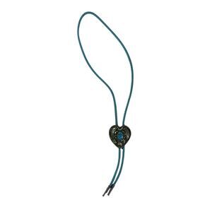 Vintage 80s Floral Heart Teal Braided Leather Bolo